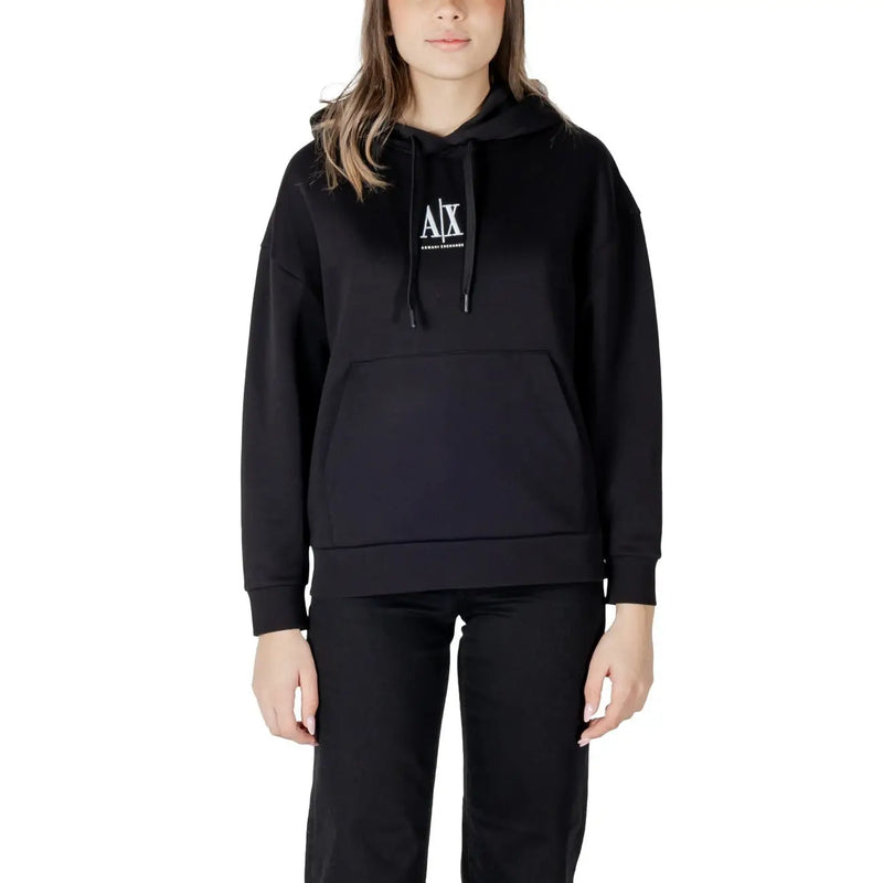 Armani Exchange black hoodie for women with white logo and front pocket in a comfortable cotton blend material