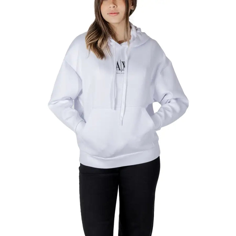 Armani Exchange white hooded sweatshirt for women featuring a black logo chest print and adjustable drawstrings