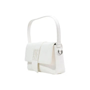 Armani Exchange white leather handbag with shoulder strap featuring a sleek rectangular shape and soft texture