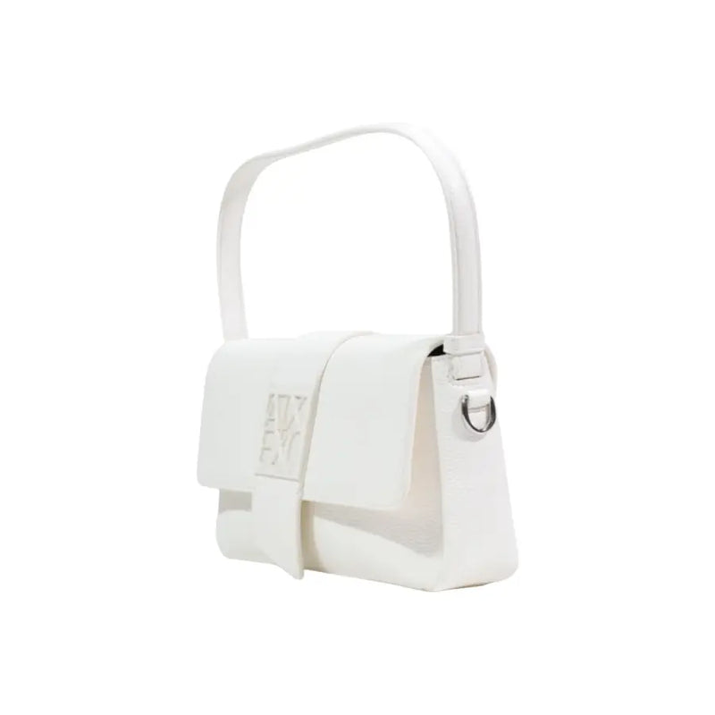 Armani Exchange white leather handbag with shoulder strap featuring a sleek rectangular shape and soft texture