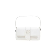 Armani Exchange white leather handbag with minimalist design shoulder strap and prominent logo plaque on the front