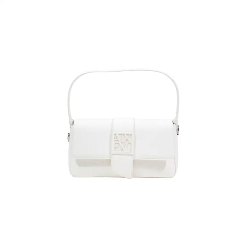 Armani Exchange white leather handbag with minimalist design shoulder strap and prominent logo plaque on the front