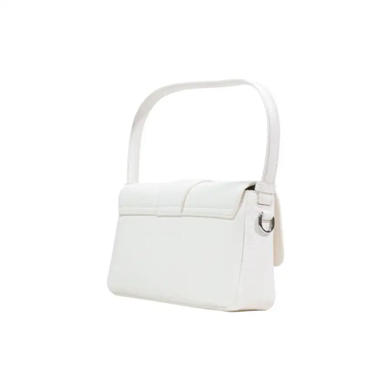 Armani Exchange white leather handbag with structured rectangular shape and top handle with shoulder strap