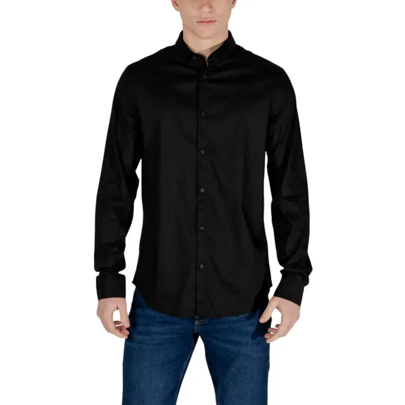Men’s black long-sleeved collared shirt with front buttons from Armani Exchange