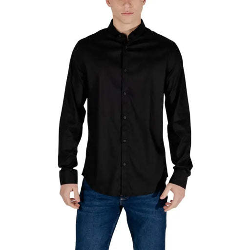 Men’s black long-sleeved collared shirt with front buttons from Armani Exchange