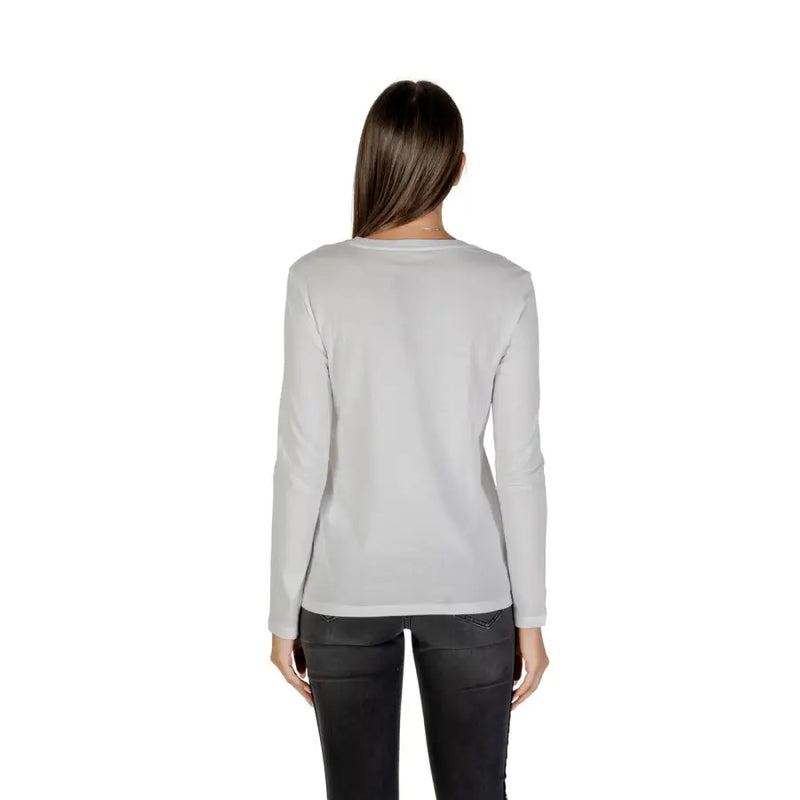 Armani Exchange white women long sleeve t shirt with rhinestone print soft light gray fabric and round neckline