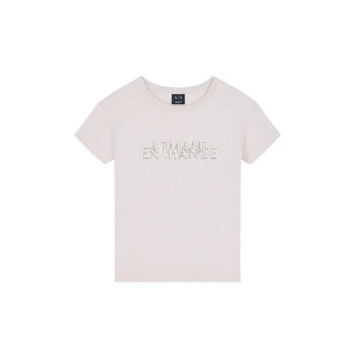 Armani Exchange Beigefarbenes Damen-T-Shirt aus Baumwolle mit Rundhalsausschnitt, cremefarbenem Design und dezentem, silberfarbenem Logo auf der Brust