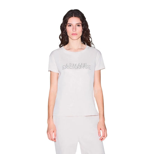 Armani Exchange Beigefarbenes Damen-T-Shirt aus Baumwolle mit Rundhalsausschnitt, hellgrauem Stoff und dezentem, glitzerndem Logo auf der Brust