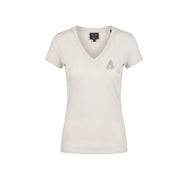 Armani Exchange women beige cotton short t shirt with a cream v neck and subtle metallic a logo on the left chest