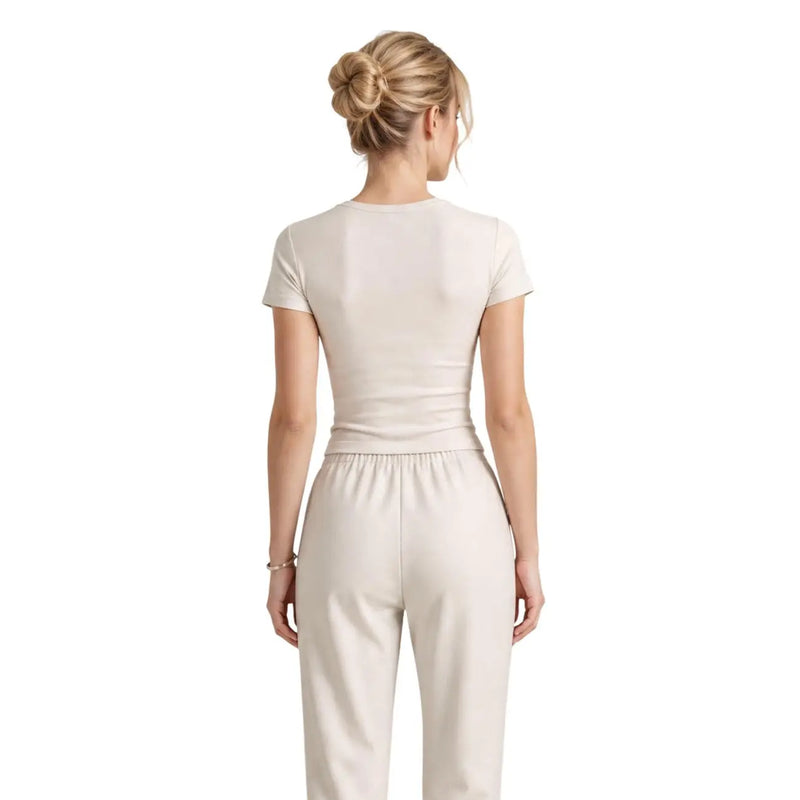 Armani Exchange women beige cotton short t shirt with fitted silhouette elastic waistband and short sleeves