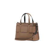 Armani Exchange women beige polyurethane handbag with tan leather and black trim featuring structured front flap pockets