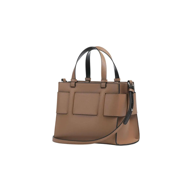 Armani Exchange women beige polyurethane handbag with tan leather and black trim featuring structured front flap pockets