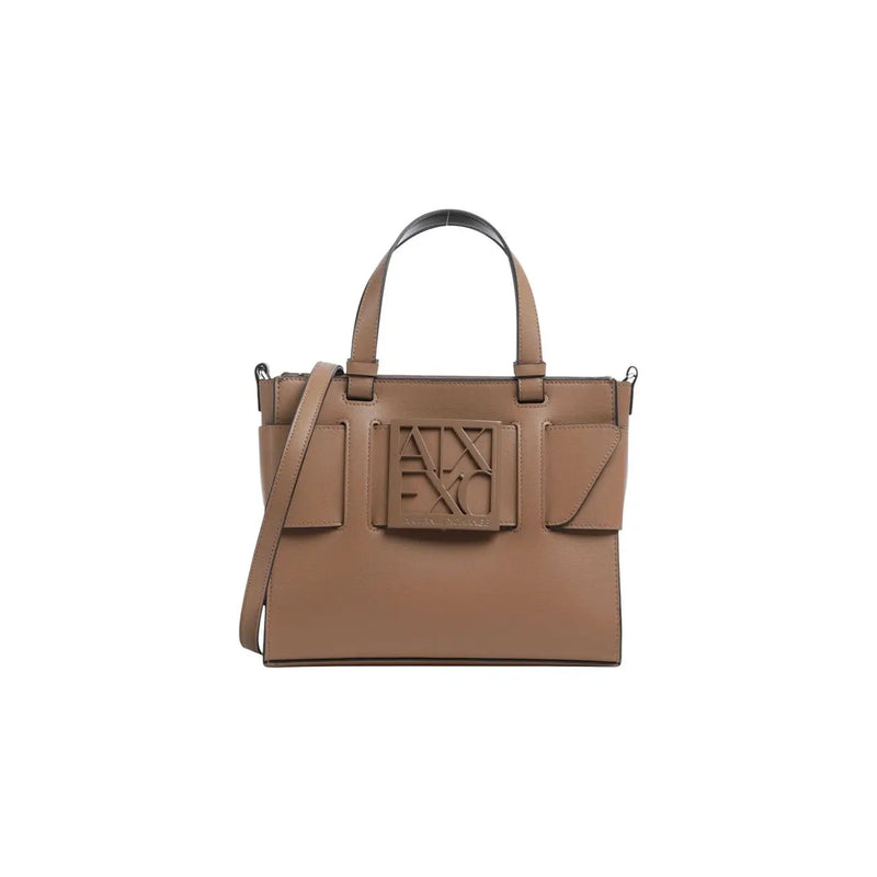 Armani Exchange women beige handbag in tan polyurethane with structured design and embossed logo plaque W24cm
