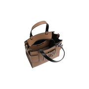 Armani exchange women beige handbag polyurethane tan leather tote bag with black handles and geometric logo plaque