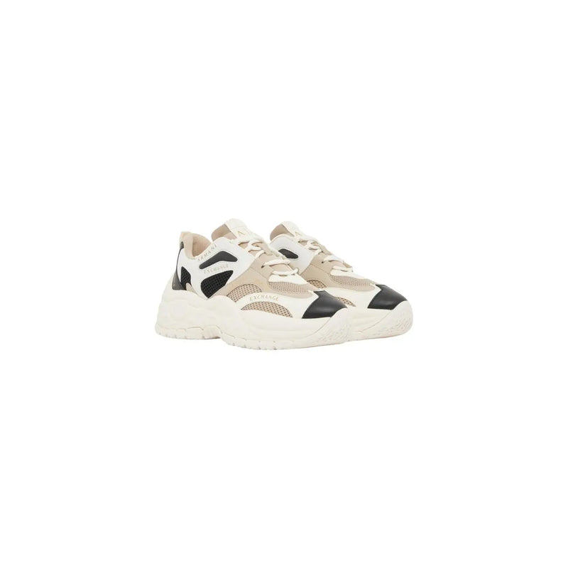 Armani Exchange women beige slip on sneaker featuring cream and black chunky mesh and suede panels