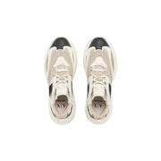 Armani Exchange women beige slip on sneaker shoes with cream and black mesh panels chunky rubber sole and a x logo