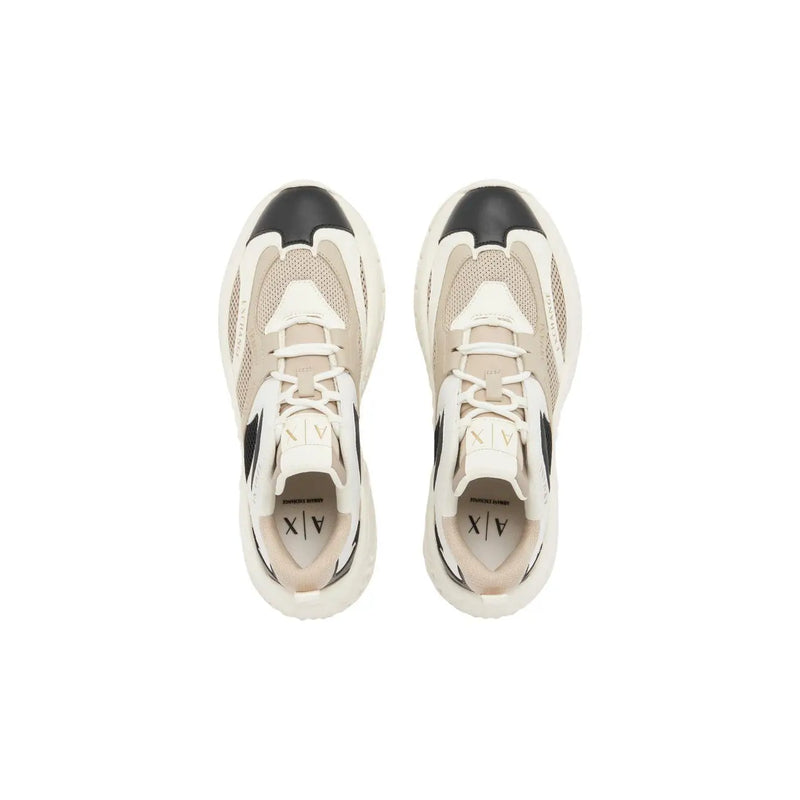 Armani Exchange women beige slip on sneaker shoes with cream and black mesh panels chunky rubber sole and a x logo