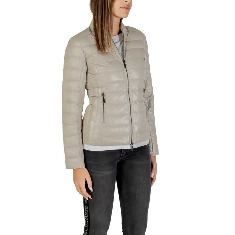 Women’s light gray quilted puffer jacket with full zip closure from Armani Exchange Women Beige Zip Jacket Fall Winter collection