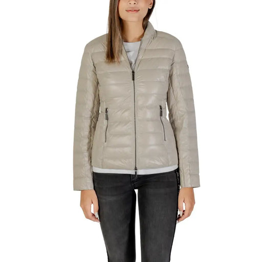 Light beige Armani Exchange women’s quilted puffer jacket with stand-up collar and zip front