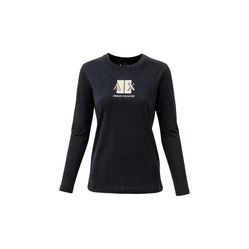 Armani Exchange women black cotton long round neck t shirt with long sleeves and white logo on chest