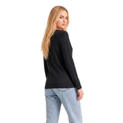 Armani Exchange women black cotton long-sleeved top with a simple fitted design and round neck