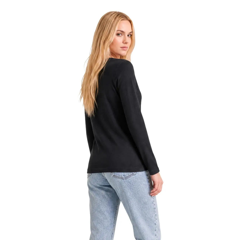 Armani Exchange women black cotton long-sleeved top with a simple fitted design and round neck