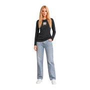 Armani Exchange women black cotton long sleeve round neck t shirt with white logo on the chest