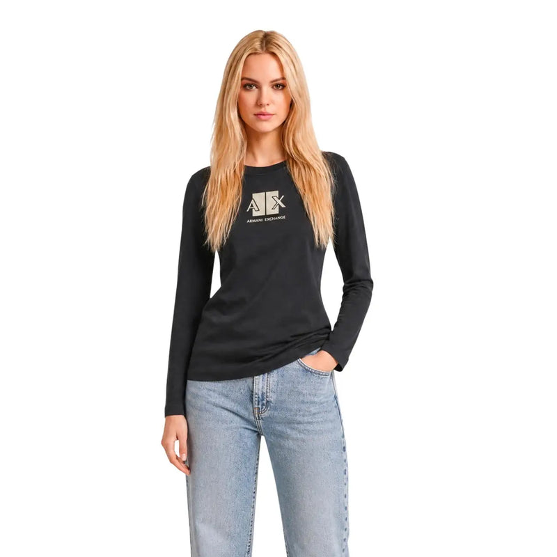 Armani Exchange women black cotton long-sleeved t shirt with white logo and text on the chest