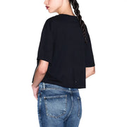 Armani Exchange women black cotton cropped short-sleeved t shirt with subtle embroidered logo on back side