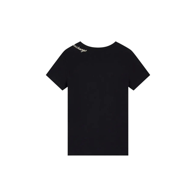 Armani Exchange women black cotton round neck t shirt with exchange embroidered in white along the shoulder seam