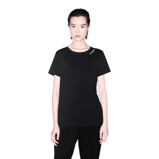 Armani Exchange Schwarzes Damen-T-Shirt aus Baumwolle mit Rundhalsausschnitt, kurzen Ärmeln und dezentem, gesticktem Logo auf der linken Schulter