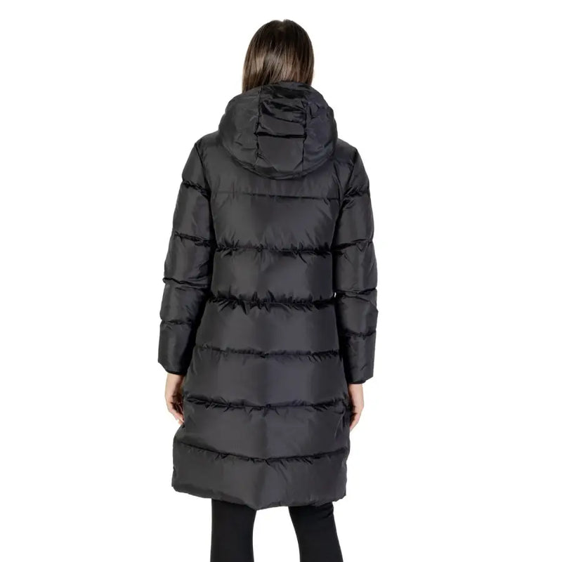 Armani Exchange Women Black Hooded Polyamide Jacket featuring a long black puffer coat with hood