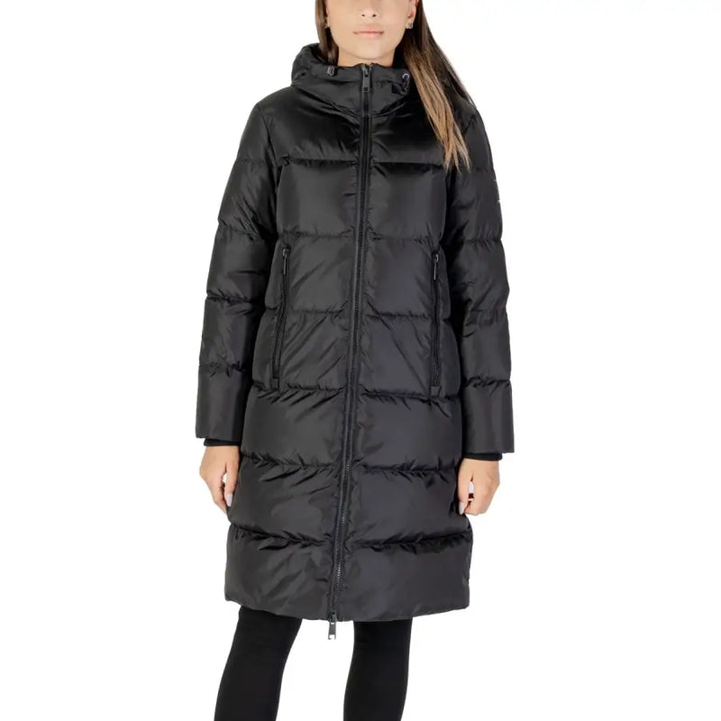 Women’s long black hooded puffer coat from Armani Exchange, stylish polyamide jacket