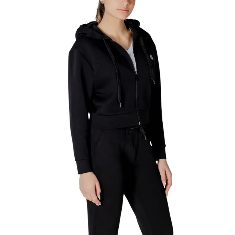 Armani Exchange women black zip-up hoodie with drawstring hood and subtle chest logo in soft fabric