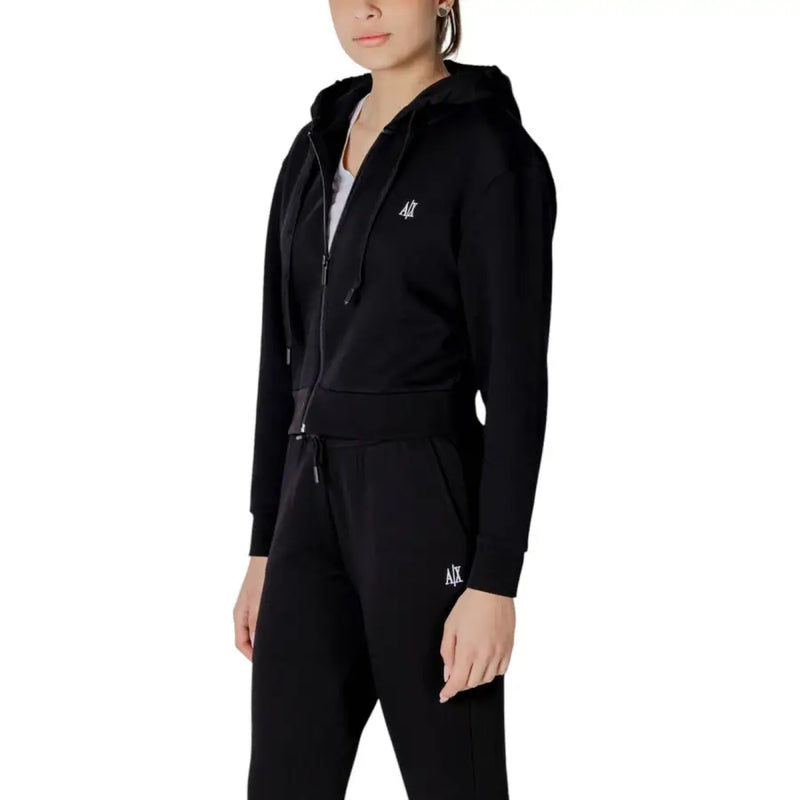 Armani Exchange women black zip-up fleece hoodie with embroidered logo