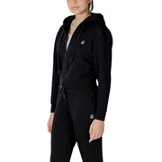 Armani Exchange women black zip-up hoodie with embroidered logo on chest and sleeve made of soft fleece material