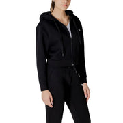 Armani Exchange women black zip-up hoodie with drawstring hood and subtle chest logo in soft fabric