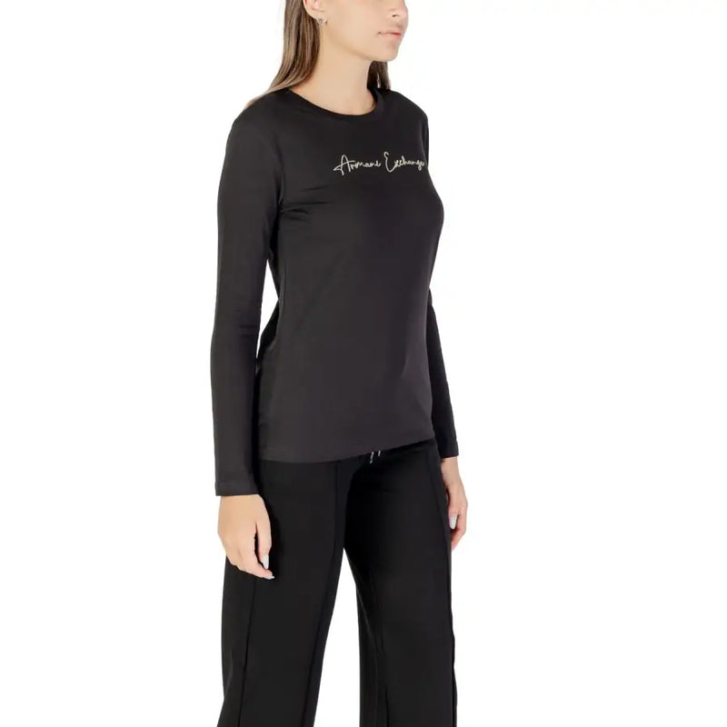 Armani Exchange women black long sleeve round neck cotton t shirt with white logo script across the chest