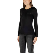 Armani Exchange women black long sleeve round neck t shirt with subtle silver rhinestone embroidery on chest