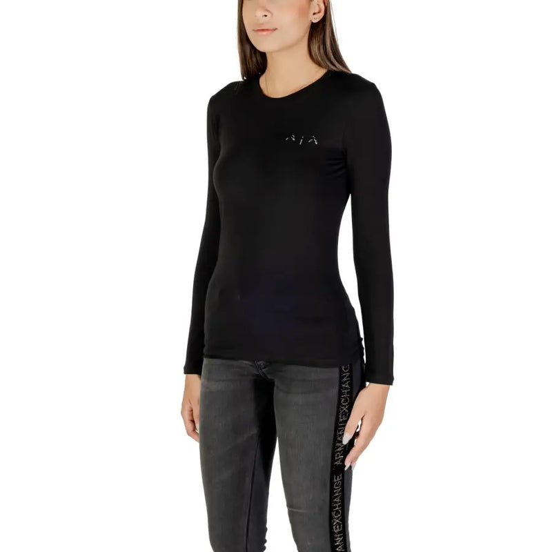 Armani Exchange women black long sleeve round neck t shirt with subtle silver rhinestone embroidery on chest