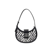 Armani Exchange women black polyester handbag with black and white zebra print, sleek curved design, and silver ax logo plaque