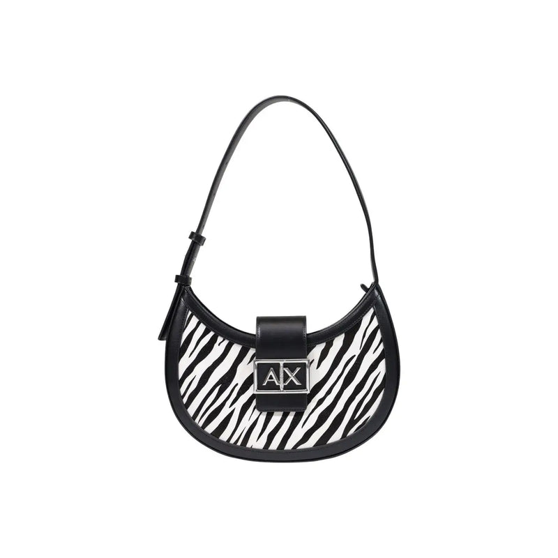 Armani Exchange women black polyester handbag with black and white zebra print, sleek curved design, and silver ax logo plaque