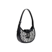 Armani Exchange women black polyester handbag featuring black and white zebra print hobo design with leather strap and ax clasp