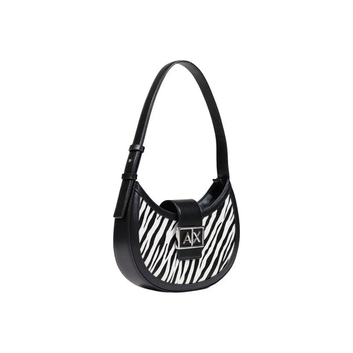 Armani Exchange Schwarze Damenhandtasche aus Polyester im Hobo-Stil mit schwarz-weißem Zebramuster, Lederriemen und Axtverschluss