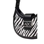 Armani Exchange women black polyester handbag featuring black and white zebra-print leather shoulder strap with silver ax logo clasp