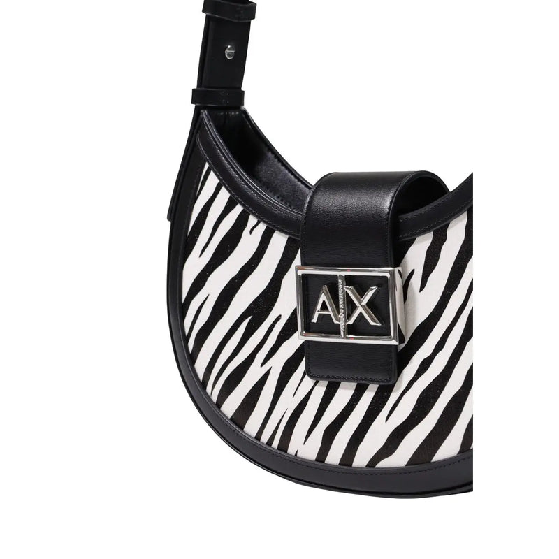Armani Exchange women black polyester handbag featuring black and white zebra-print leather shoulder strap with silver ax logo clasp