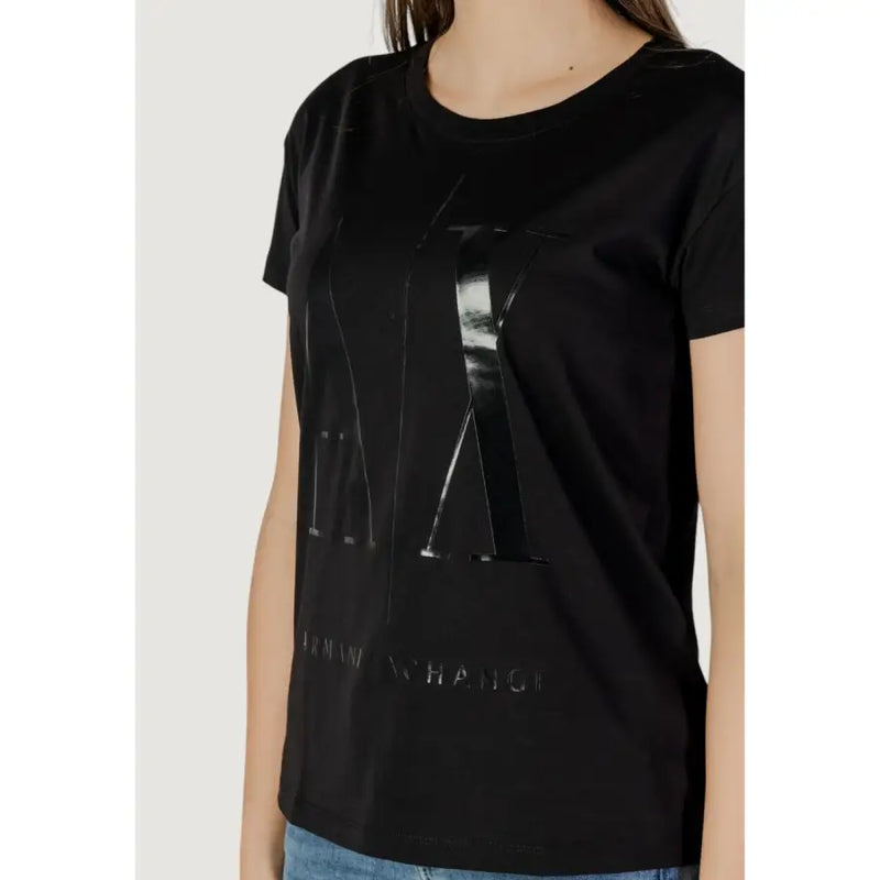 Armani Exchange Schwarzes Damen-T-Shirt mit kurzen Ärmeln aus weicher Baumwolle mit großem, glänzendem, schwarzem Axt-Logo und Markennamensdruck