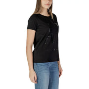 Armani Exchange Schwarzes Damen-T-Shirt mit kurzen Ärmeln aus weicher Baumwolle mit großem, glänzendem A-Logo und Armani-Print