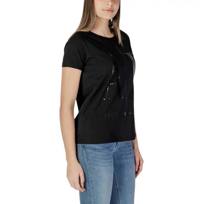 Armani Exchange Schwarzes Damen-T-Shirt mit kurzen Ärmeln aus weicher Baumwolle mit großem, glänzendem A-Logo und Armani-Print