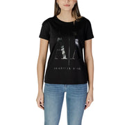 Armani Exchange Schwarzes Damen-T-Shirt aus weicher Baumwolle mit großem, reflektierendem silbernen Logo auf der Brust